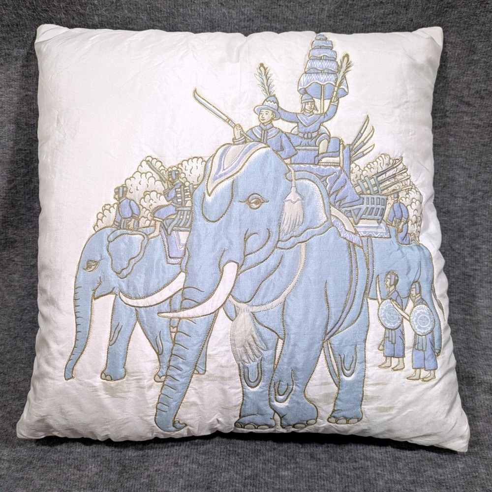 14" Square White Blue Elephant Throw Pillow‎ Gold Embroidery Indian Asian Mughal